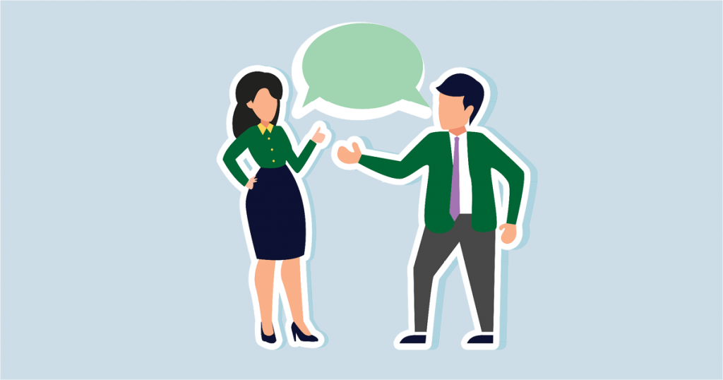Illustration of a man and woman dressed professionally for a job interview with a speech bubble above them, suggesting conversation.