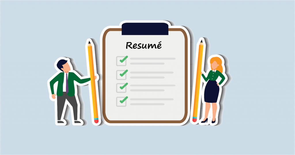 Illustration of a resume on a clipboard with two people holding pencils beside it.