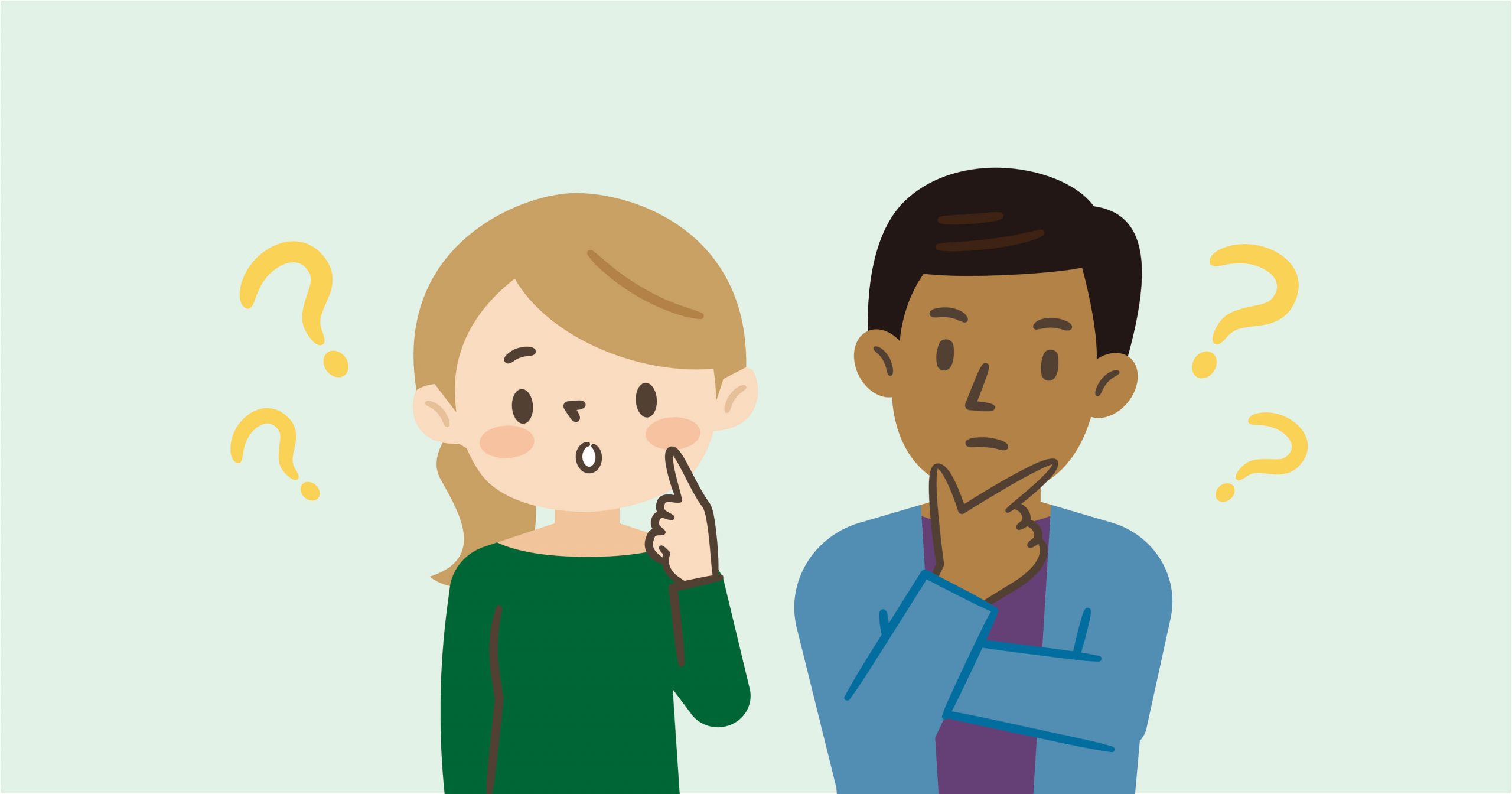Against a light green background, an illustration of two youths, a girl on the left with light skin, light brown hair and dark green shirt, on the right a young man with darker skin and black hair, wearing a purple shirt and light blue cardigan. They look perplexed and there are yellow question marks around their heads.
