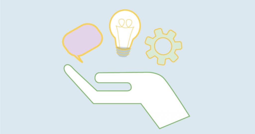 Illustration of a hand with a speech bubble, light bulb, and gear above it on a light blue background.