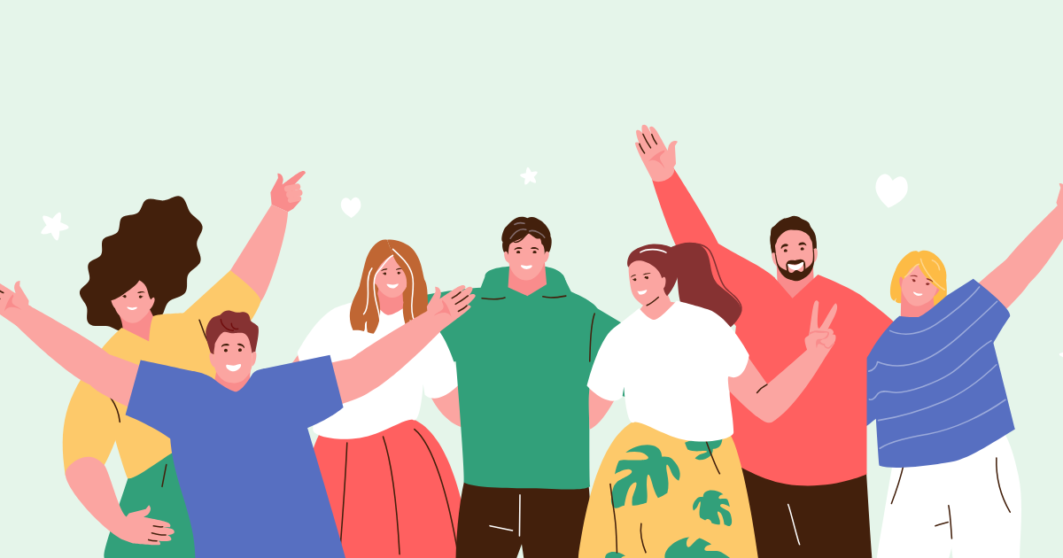 Against a light green background a group of people are standing in a line along the bottom of the image. Men and women in colourful outfits, waving hello in greeting.