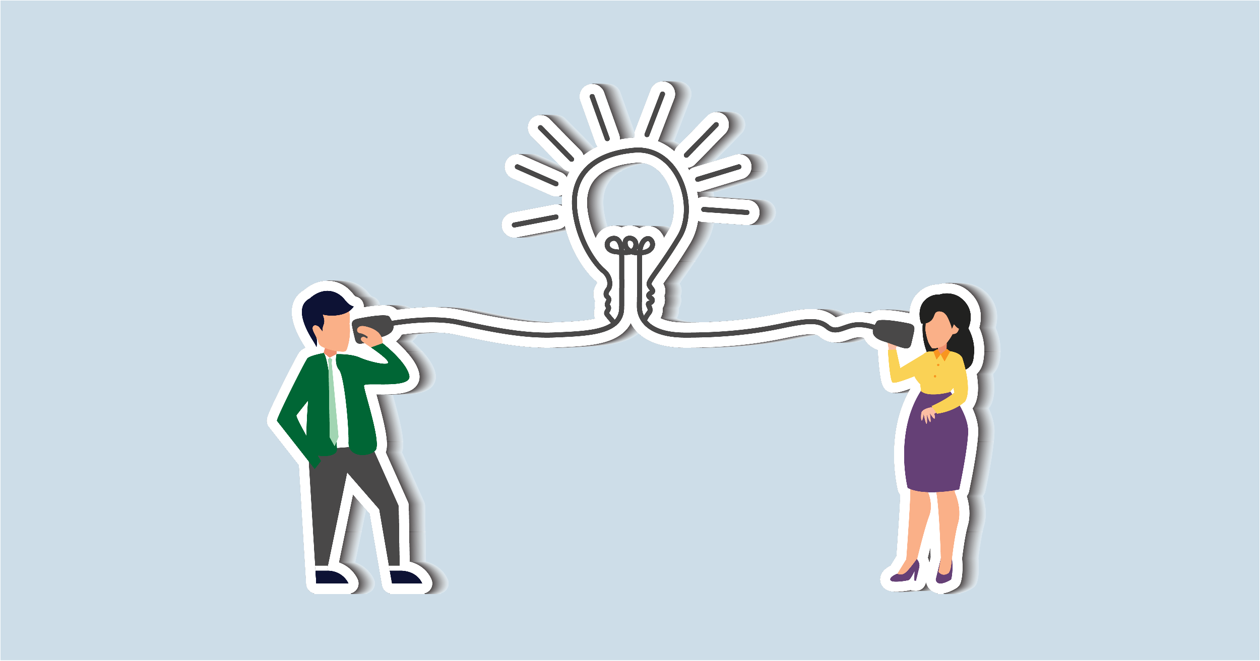 Against a light blue background there is an illustration of two people, each olding the end of a light bulb cord to their ear. The cord takes the shape of a light bulb between them, implying that in the course of their communication they are connecting and sharing the same idea.