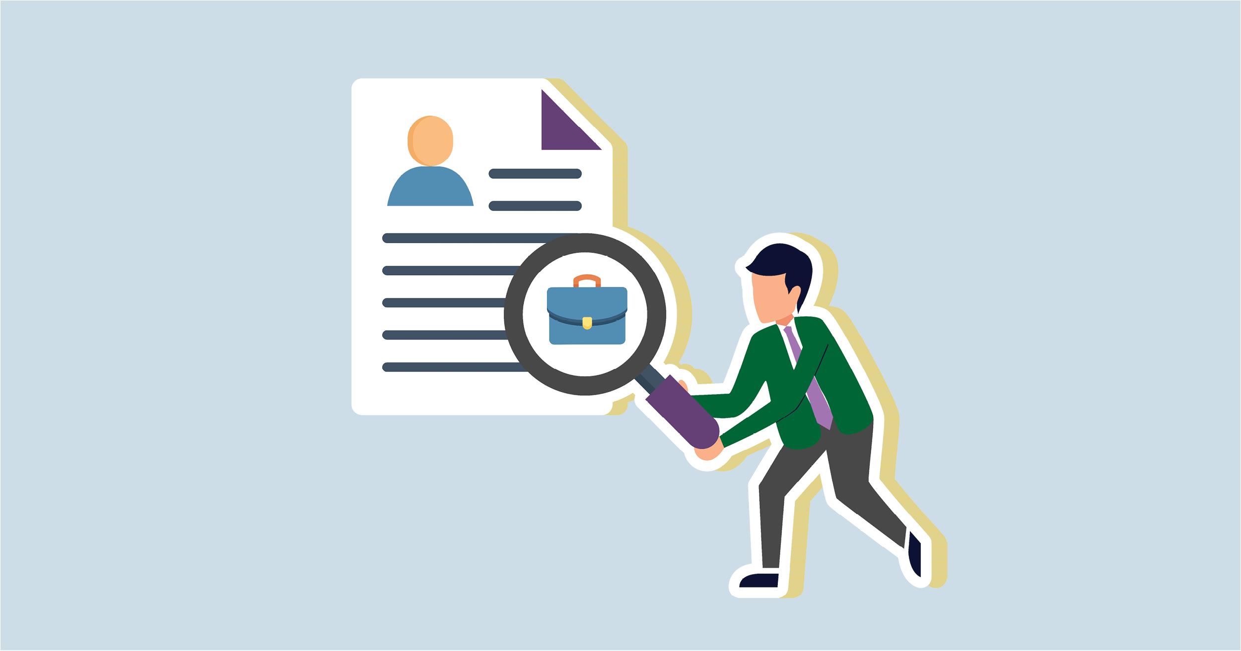 Against a light blue background there is an illustration of a person with short dark hair and a green jacket holding a large magnifying glass up to a paper that appears to be a resume. In the magnified lens is a briefcase, implying the person is searching for work.