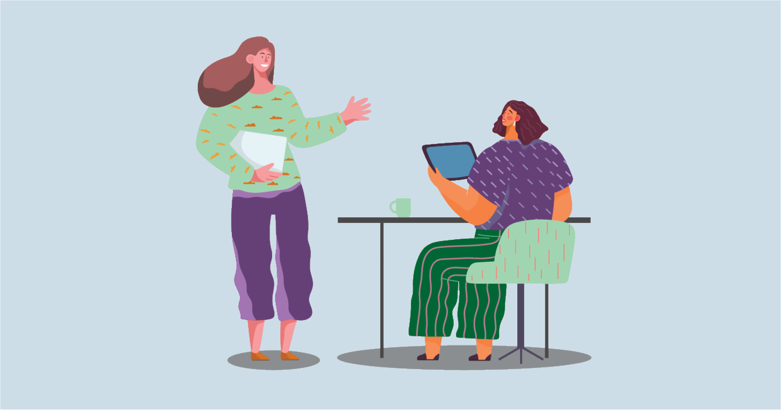 Against a light blue background, a person with long brown hair, light green shirt and purple pants is holding some paper and talking animatedly to a person sitting at a desk, holding a tablet.