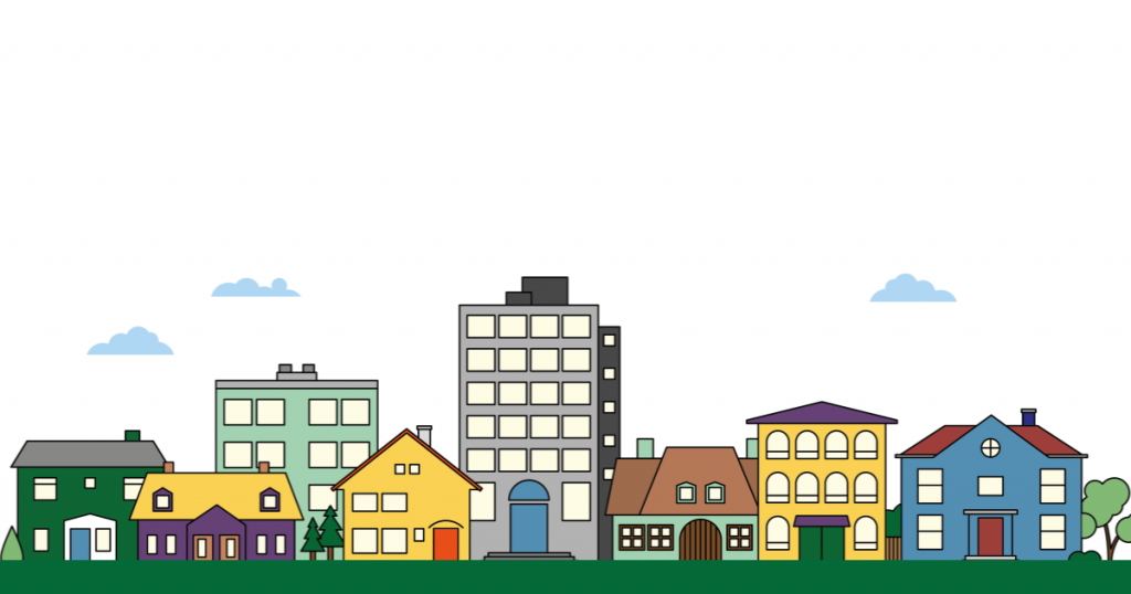 An illustration of a street scape featuring different types of housing. A green house, a purple duplex, a few tall apartment style buildings and some single family houses. The background is white and there are a few fluffy light blue clouds in the sky.