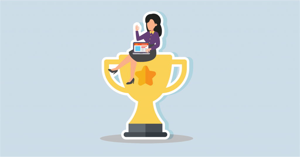 The image depicts an illustration of a large golden trophy with a star emblem on its main body. The trophy has a black base and is centered on a light blue background. Sitting atop the trophy is a female figure with long dark hair, wearing a purple top and a gray skirt. She is holding a laptop in her lap. The laptop screen shows a simplistic webpage design with orange, blue, and white sections. The figure is wearing black high-heeled shoes.