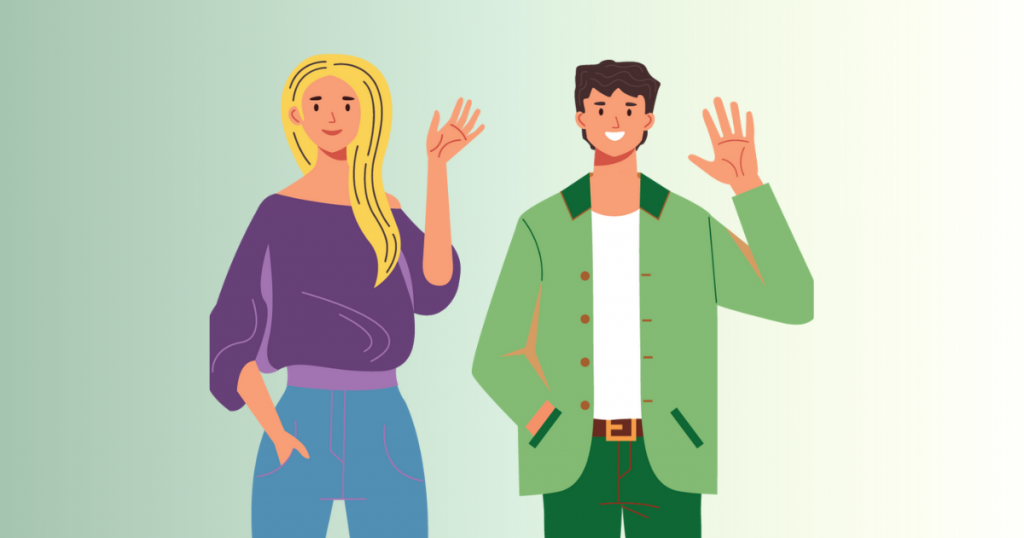 The image features two cartoon characters standing side by side, smiling and waving. The character on the left is a woman with long blonde hair, wearing a purple off-the-shoulder top and blue jeans. Her right hand is raised in a wave, and her left hand is casually in her pocket. The character on the right is a man with short dark hair, wearing a green jacket with darker green accents, over a white shirt and green pants. His left hand is in his pocket, and his right hand is raised in a wave. The background is a soft gradient from light green to white.