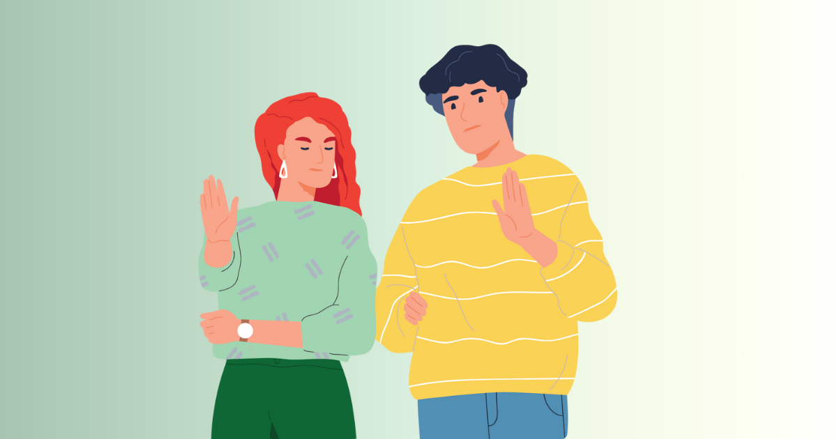 The image shows two people standing against a soft gradient background. On the left, a person with long red hair wears a green sweater with subtle patterns and dark green pants. They have their eyes closed and one hand raised in a gesture that suggests refusal or a stop sign. On the right, another individual with short dark blue hair wears a bright yellow sweater with white stripes and light blue pants. They also raise one hand with a similar gesture. Both appear to be making non-verbal expressions of disagreement or disapproval.