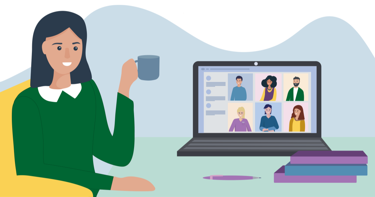 The image features an illustration of a woman sitting comfortably, holding a blue mug, while engaging in a video conference on her laptop. The woman has long dark hair and is wearing a green top with a white collar. The laptop is open, displaying a grid layout with six diverse, animated participants, each in their own square. The background is simple, with blended pastel tones of blue and green. In front of the laptop on the desk, there are three stacked books in purple and blue hues, and a purple pen lying next to them. The setting is minimalistic, suggesting a casual, yet professional environment.