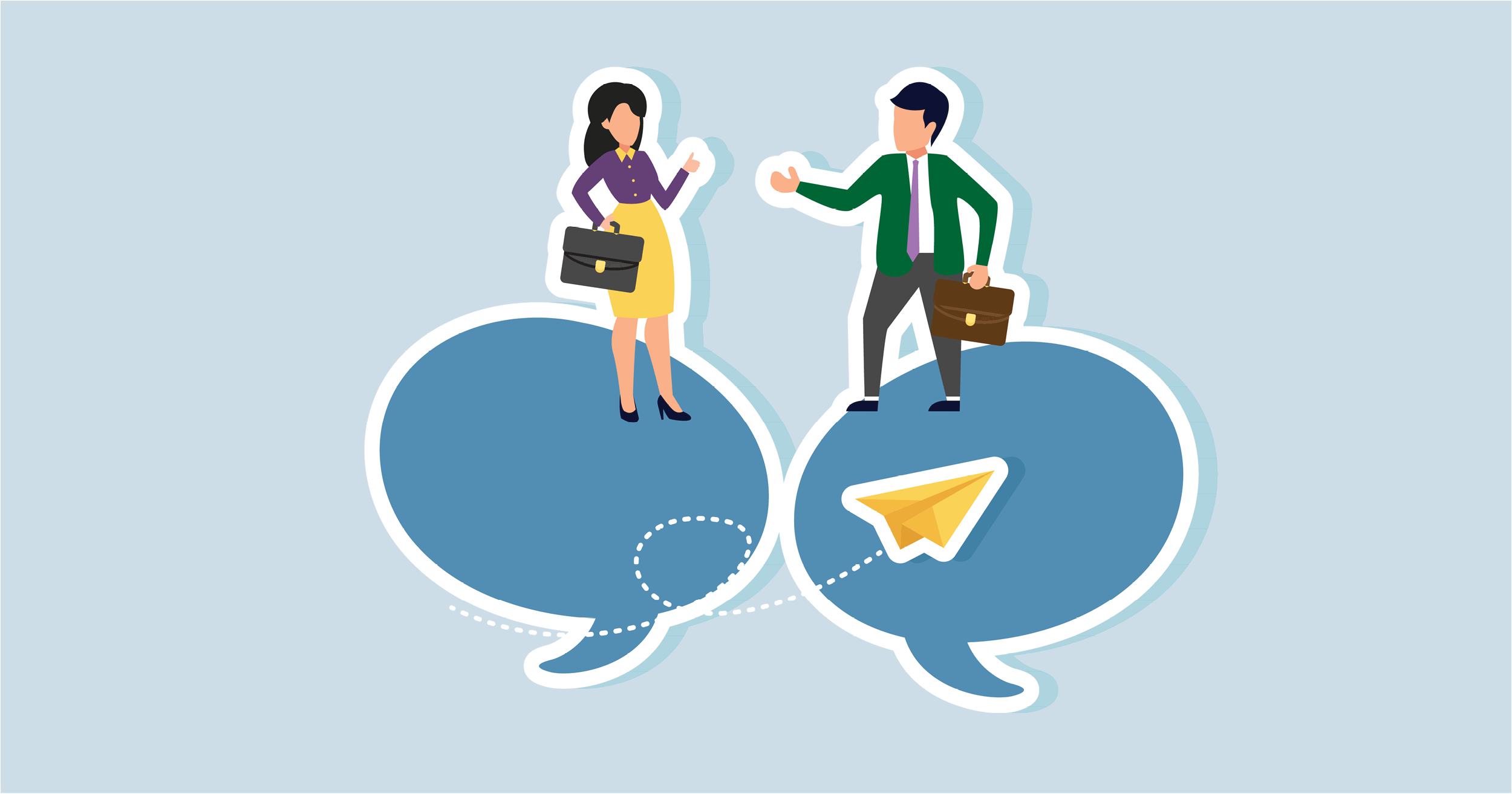 The image features two cartoon-style business characters on a light blue background. On the left, a woman with long, dark hair stands in profile, wearing a purple blouse and yellow skirt. She holds a black briefcase in her left hand and gestures with her right hand. On the right, a man with short, dark hair faces her, dressed in a green blazer, white shirt, and gray trousers. He holds a brown briefcase in his left hand while extending his right hand. Both characters stand on large, overlapping blue speech bubbles, representing conversation or dialogue. A yellow paper plane with a dashed white trail traverses the speech bubbles from left to right.