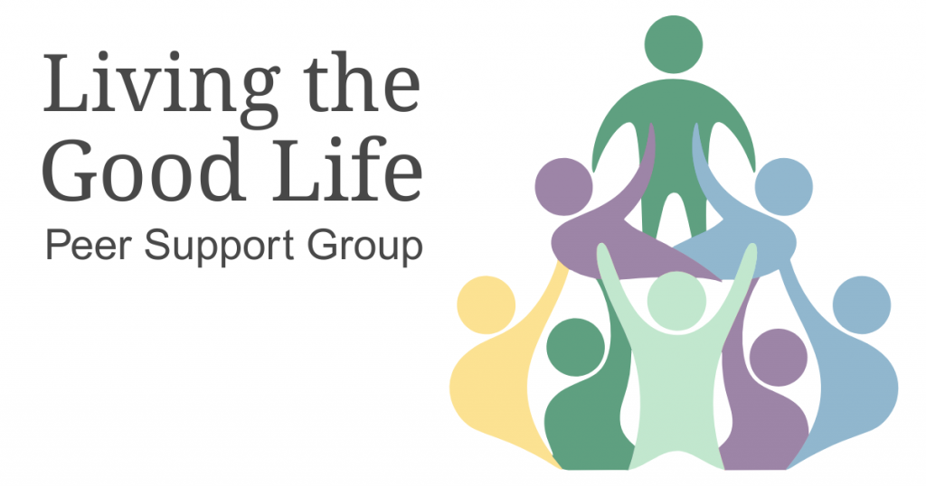 Living the Good Life Peer Support Group with colorful abstract human figures illustrating unity.