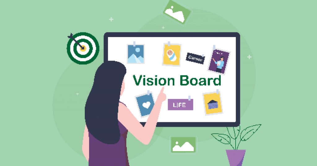 Person pointing at a vision board with images and notes, a target with an arrow, and a potted plant.