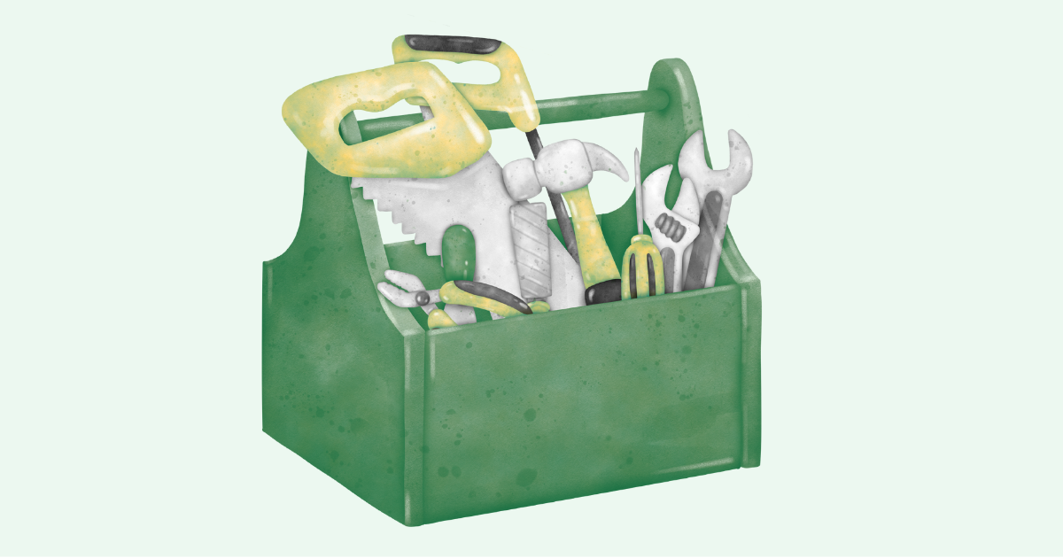 Green toolbox containing a saw, hammer, wrench, pliers, and screwdriver.