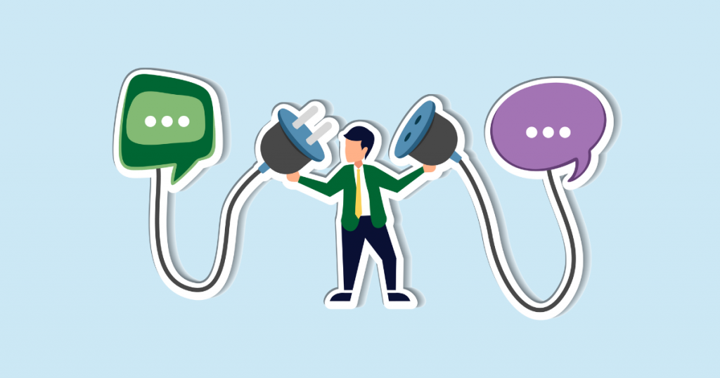 Person connecting two electrical plugs to green and purple speech bubbles.