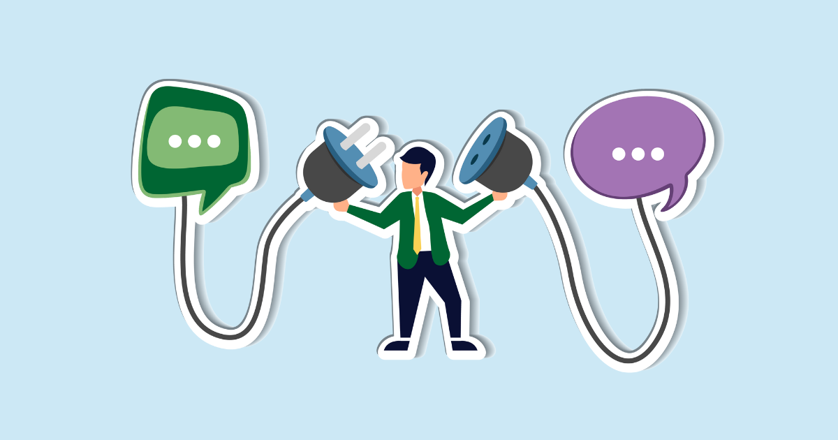 Person connecting two electrical plugs to green and purple speech bubbles.