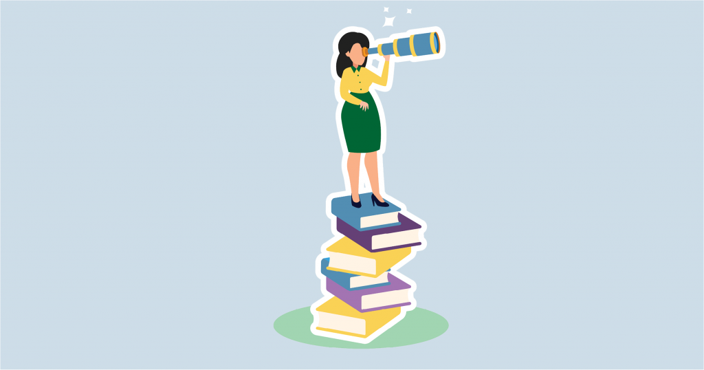 An illustration of a woman standing on a stack of books, she is looking through a telescope into her future.