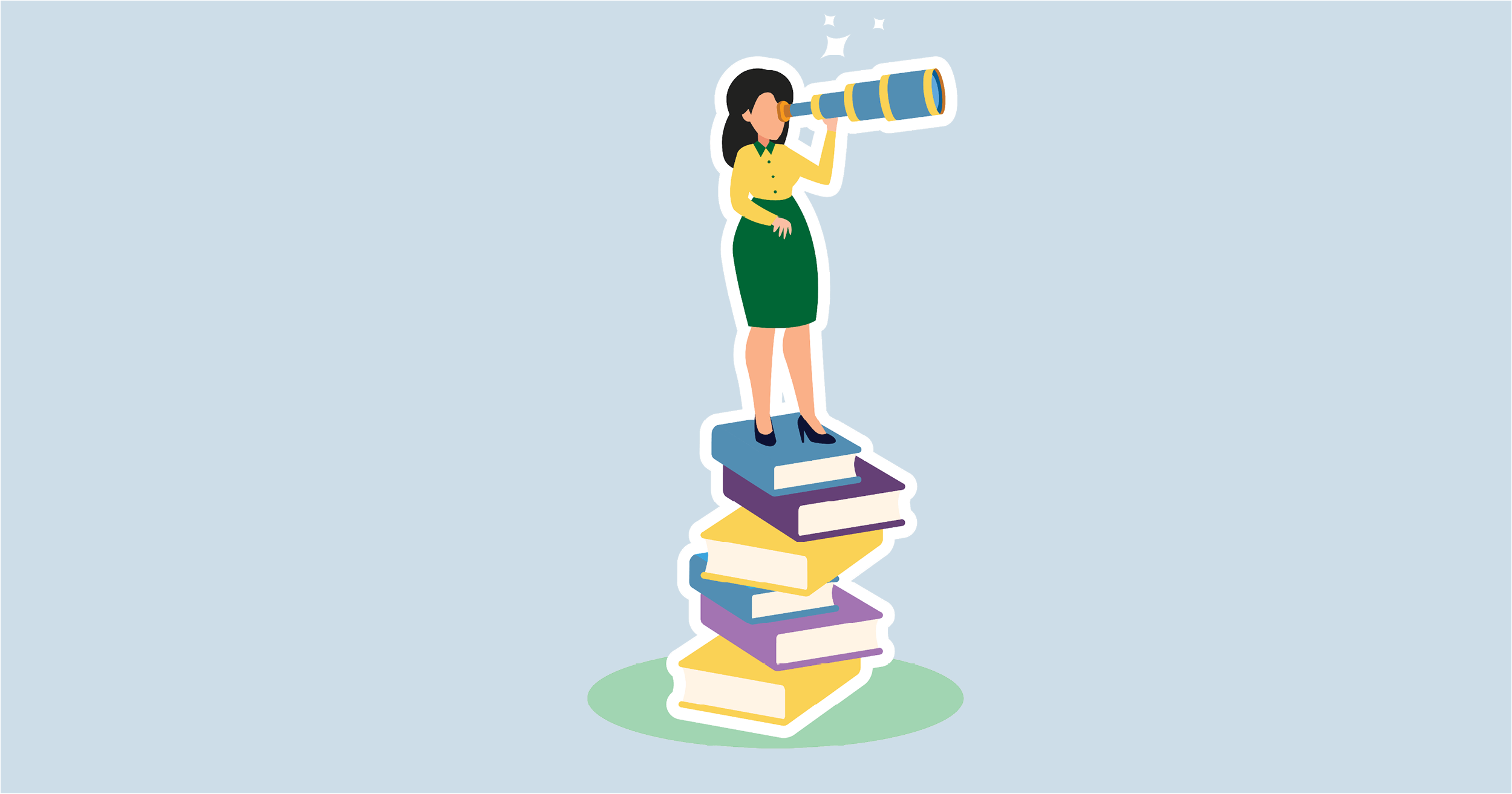 An illustration of a woman standing on a stack of books, she is looking through a telescope into her future.