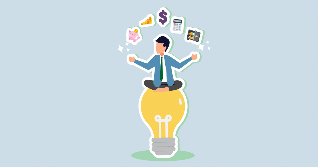 An illustration of a man sitting cross legged on top of a lightbult. He is juggling items that relate to pay: a piggy bank, a calculator, a dollar sign and more.