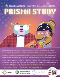 PRISMA FLYER _Page_1 Poster for the Prisma Study about genetic testing for autism with cartoon characters and study details.