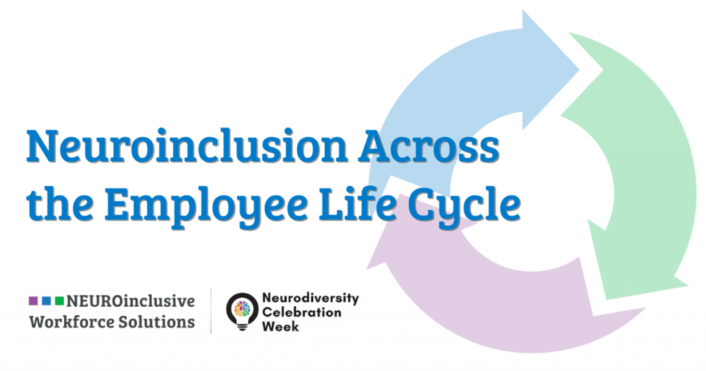 A decorative background of circular arrows behind text: Neuroinclusion across the employee life cycle. Logos for Neuroinclusive workforce solutions and neurodiversity celebration week