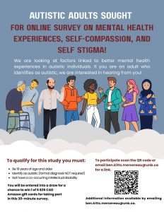 d008d068-dd7c-4bef-bae2-6a017e2b27c5 Poster inviting Autistic adults for an online survey about mental health with illustration of diverse people.