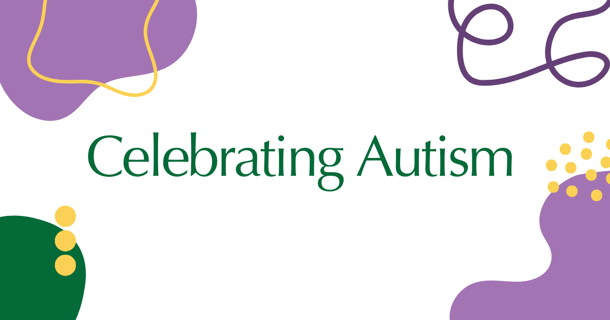 A decorative image featuring various squiggles, blobs and lines. Text reads: Celebrating Autism