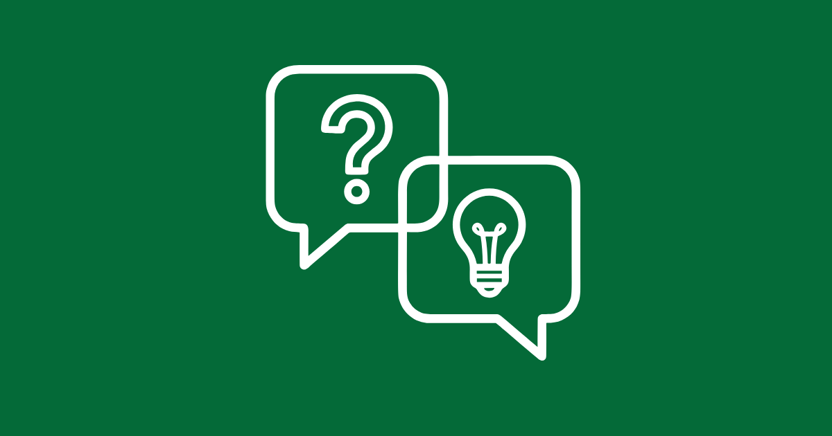 An icon of two speech bubbles, one with a question mark, the other with a lightbult, symbolizing innovation in conversation