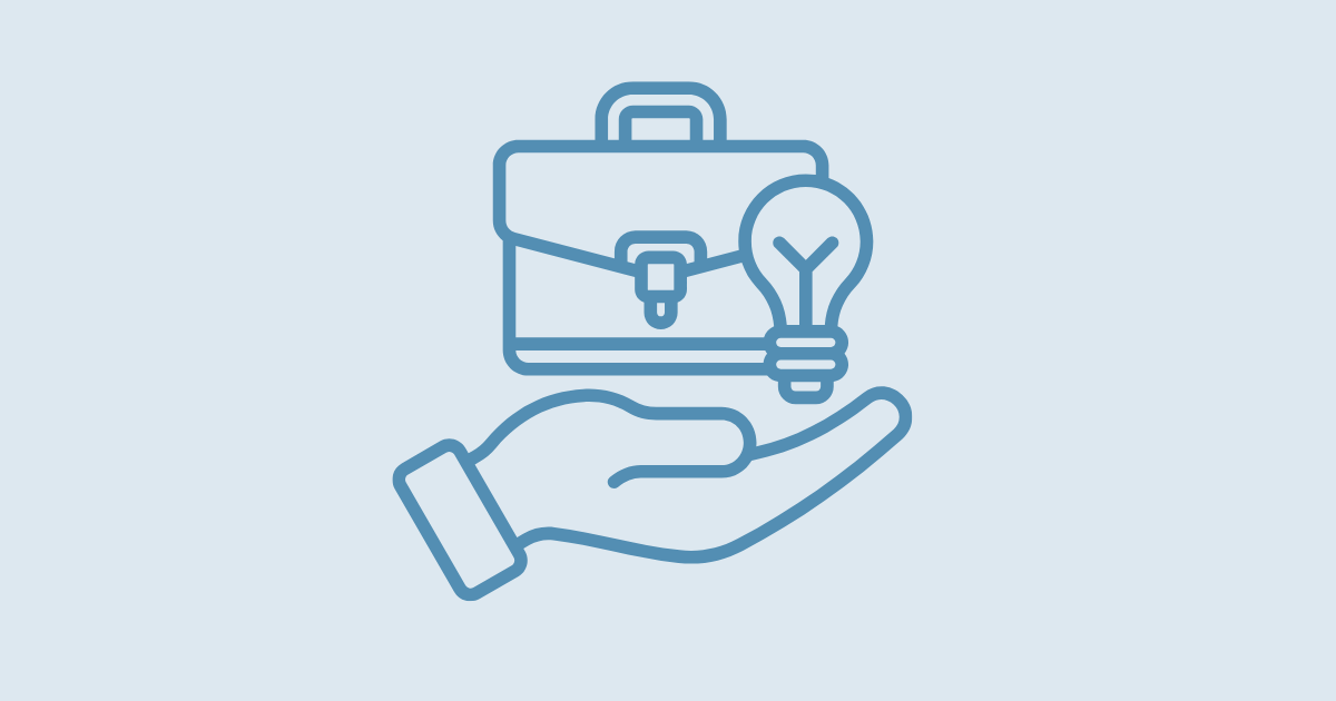An icon of a briefcase and lightbulb being supported by a hand.