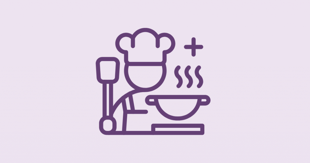 A decorative image with an icon of a chef holding a spatula beside a steaming bowl.