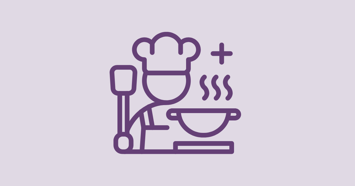 Decorative image of an icon of a cook, holding a spatula, in front of a steaming bowl.