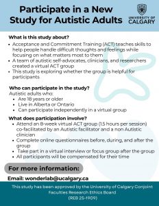 Flyer for a study by the University of Calgary on Acceptance and Commitment Training for Autistic adults.