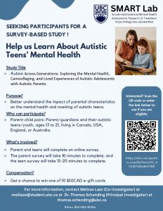 UBC SMART Lab seeking participants for a survey on Autistic teens mental health with details, image, and QR code.