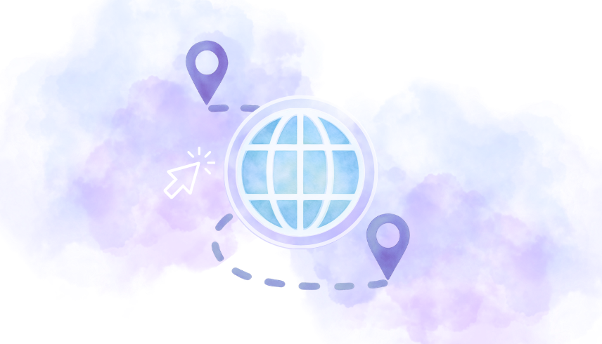 A globe icon with location pins connected by a dashed line on a watercolor background.
