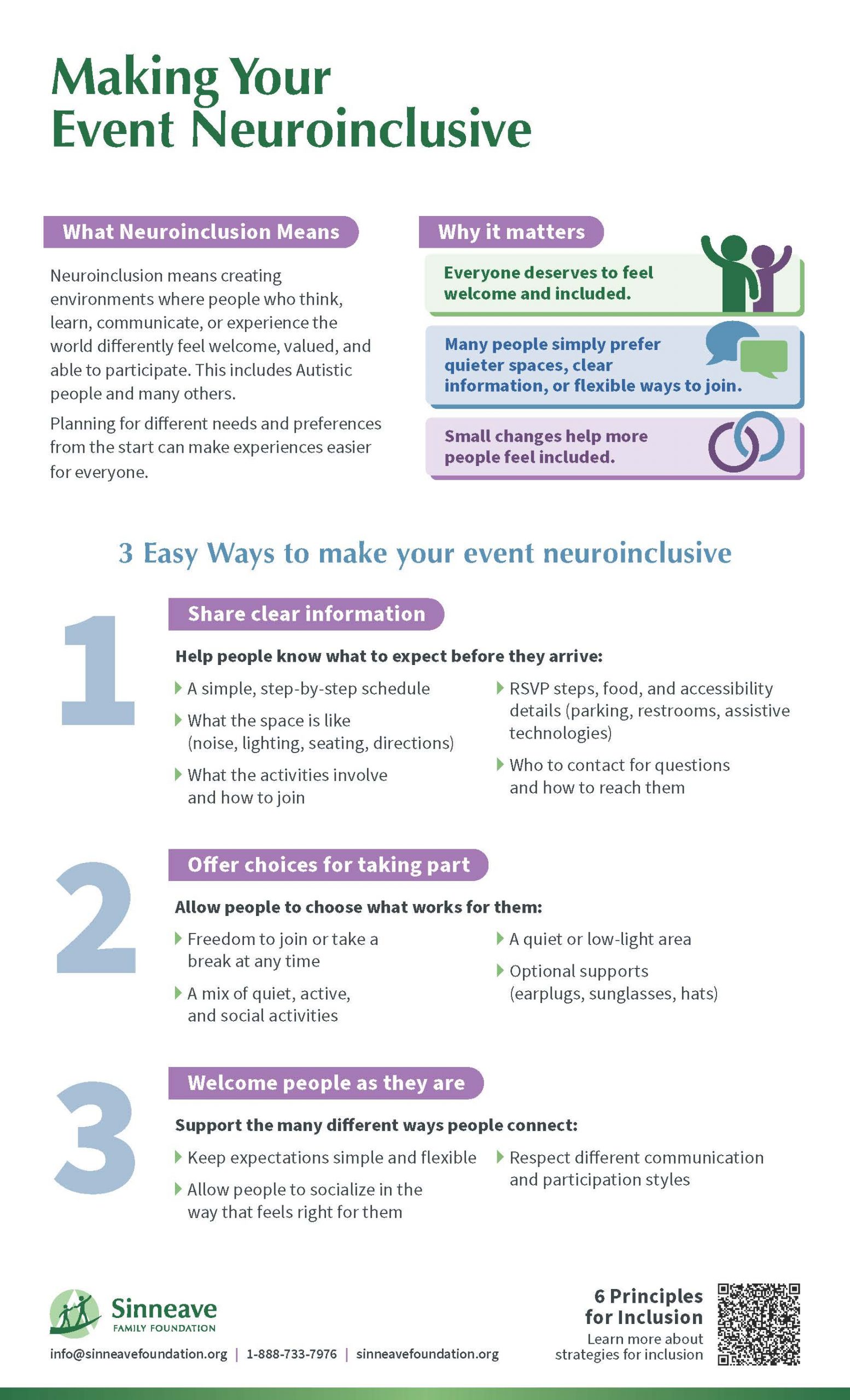 NeuroInclusiveEvents-Infographic-Final-May2026 Poster titled "Making Your Event Neuroinclusive" with tips on neuroinclusion and contact information for The Sinneave Family Foundation.