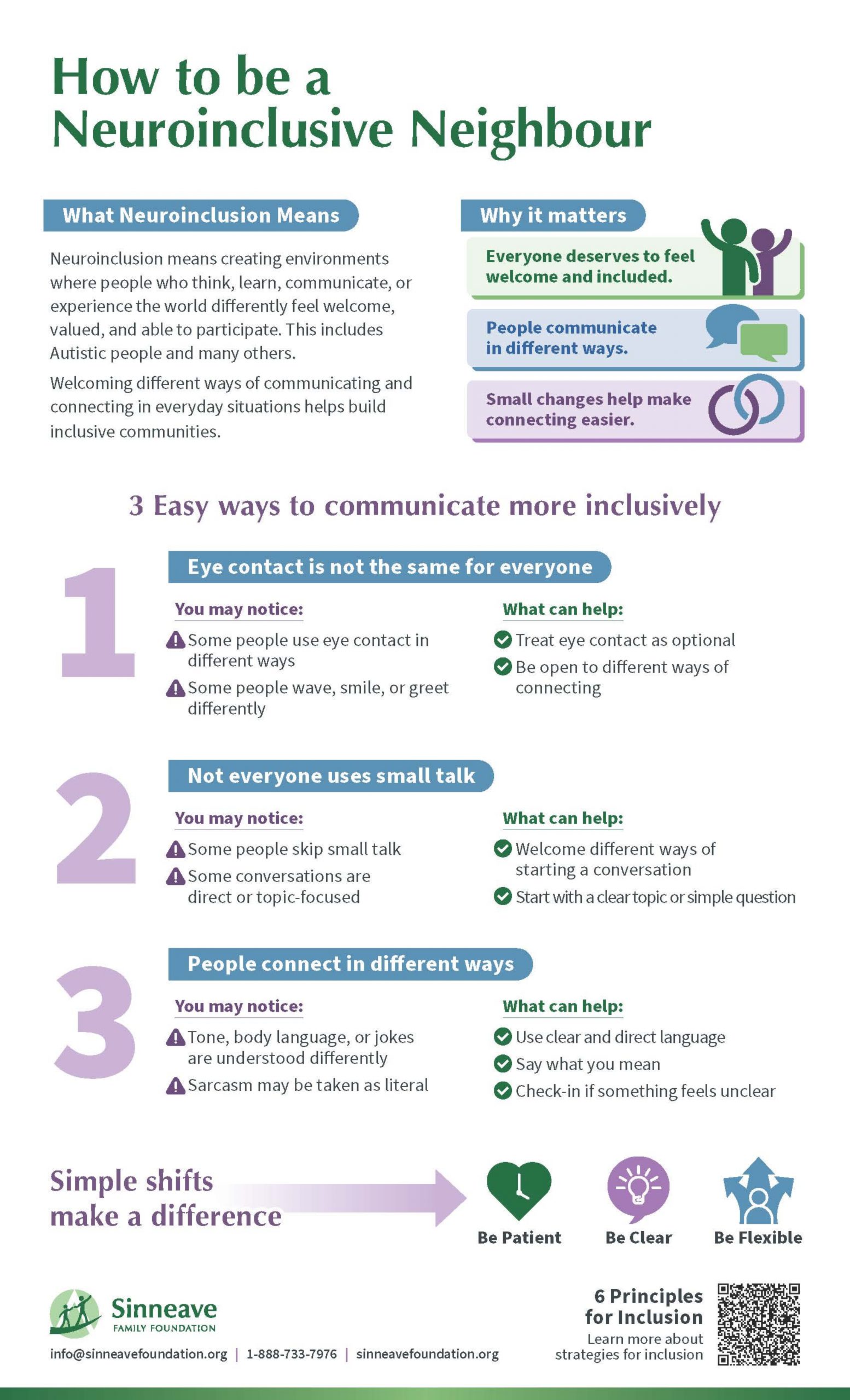 NeuroNeighbours-Infographic-Final-May2026 Infographic titled "How to be a Neuroinclusive Neighbour" with tips for inclusive communication and contact info for The Sinneave Family Foundation.