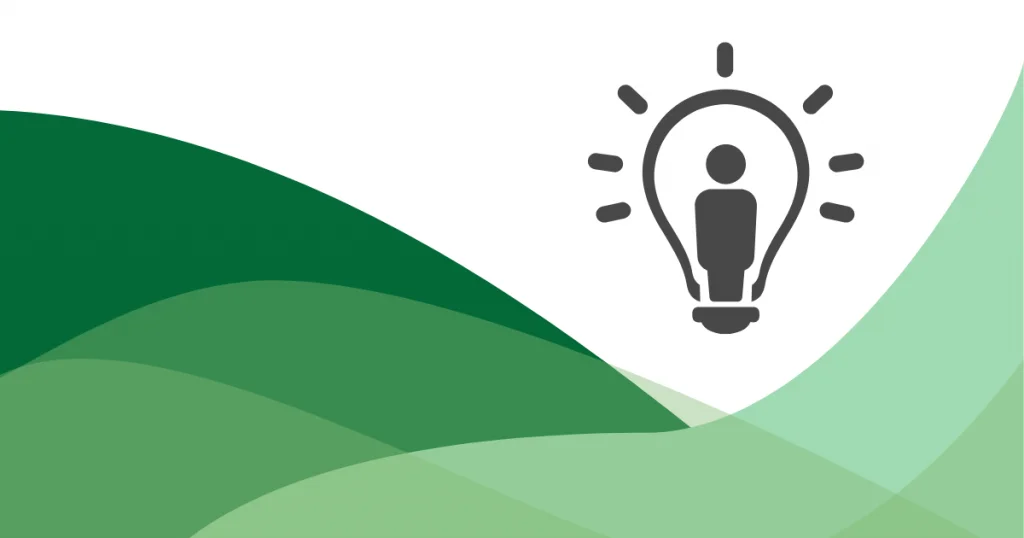 Decorative image with a light bulb icon and green wave design at bottom