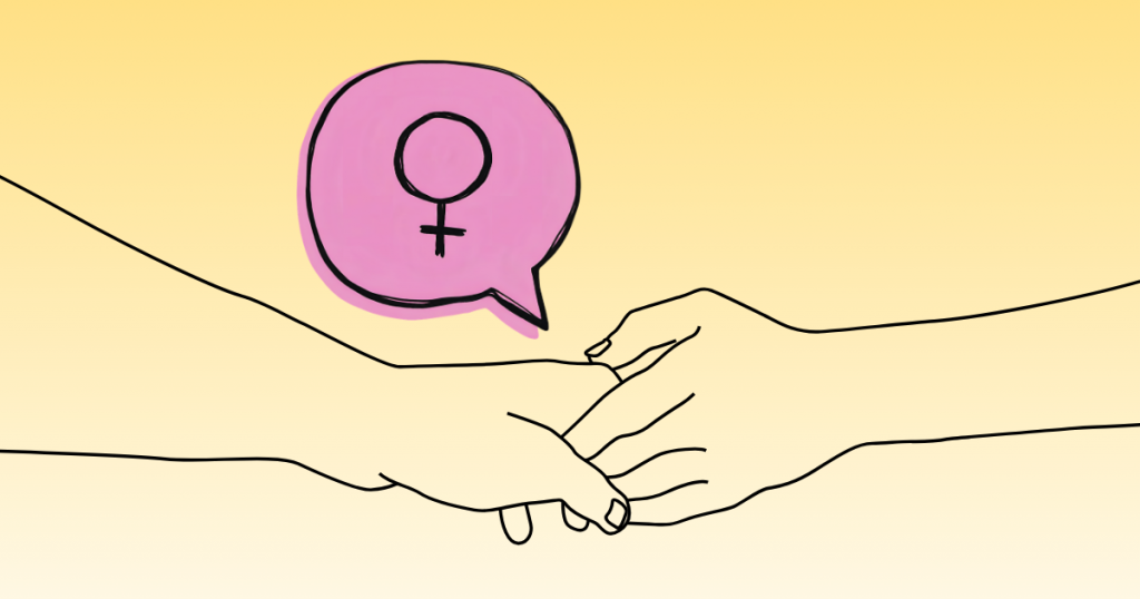 A decorative image featuring two hands reaching inward from outside the picture and grasping. Above them is a pink speech bubble with a female symbol in it.