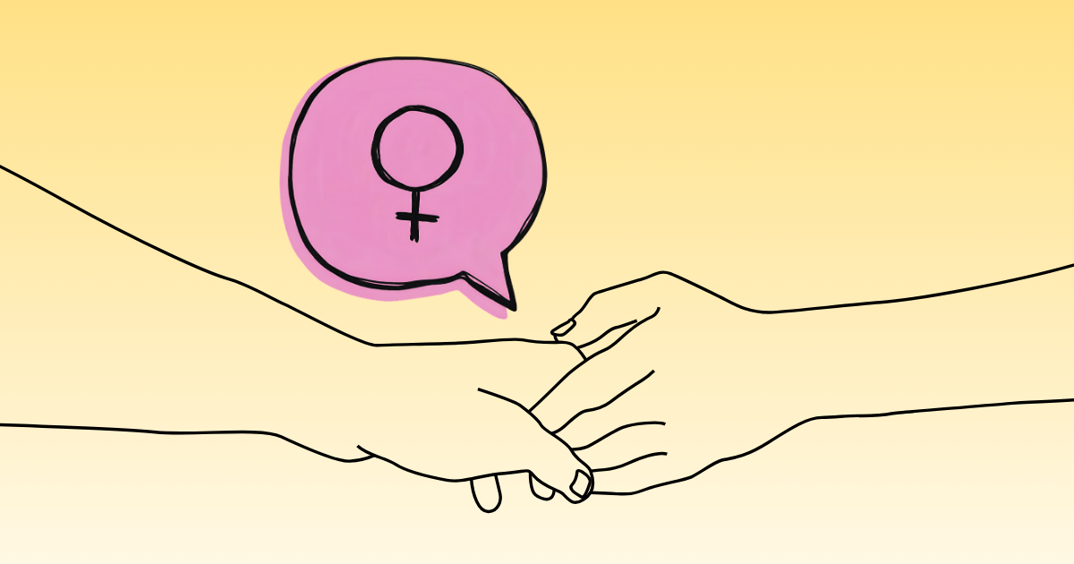 A decorative image featuring two hands reaching inward from outside the picture and grasping. Above them is a pink speech bubble with a female symbol in it.