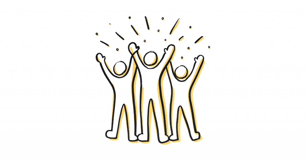 Decorative image with icon of 3 people, arms raised in celebration