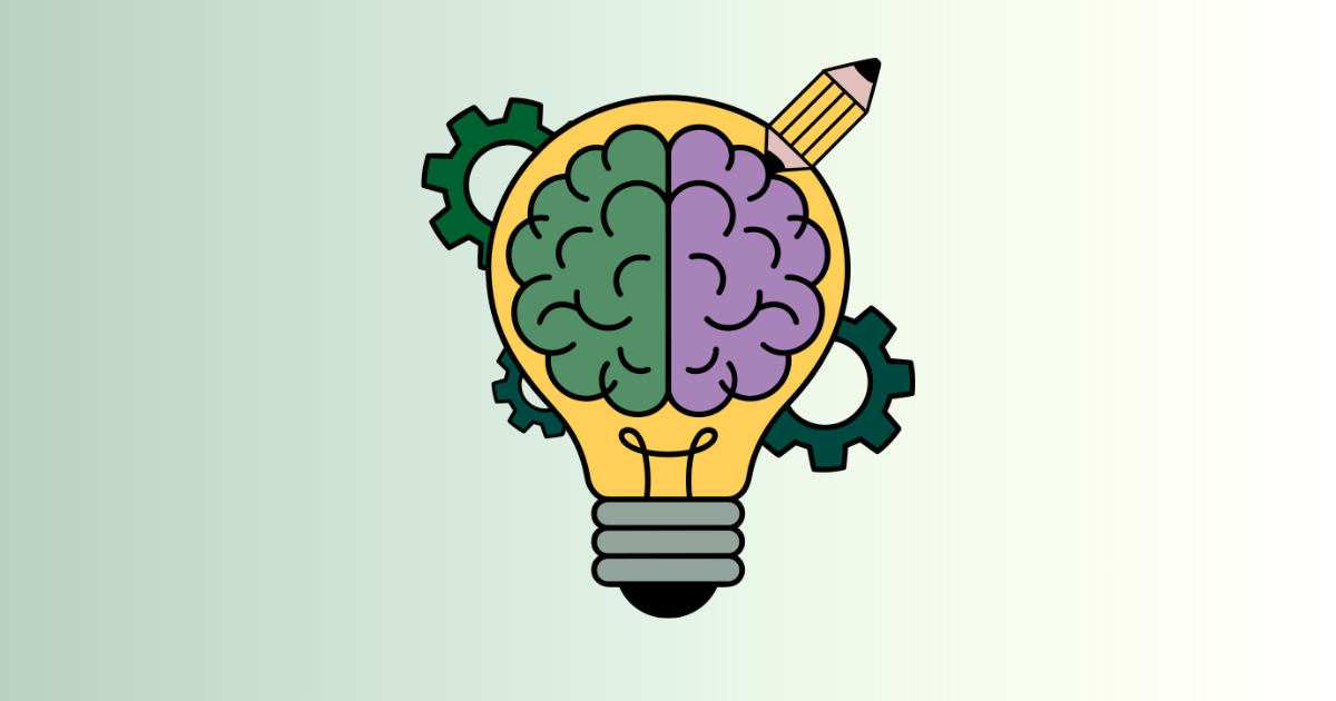 Decorative image of an icon with a lightbulb, brain, some gears and a pencil