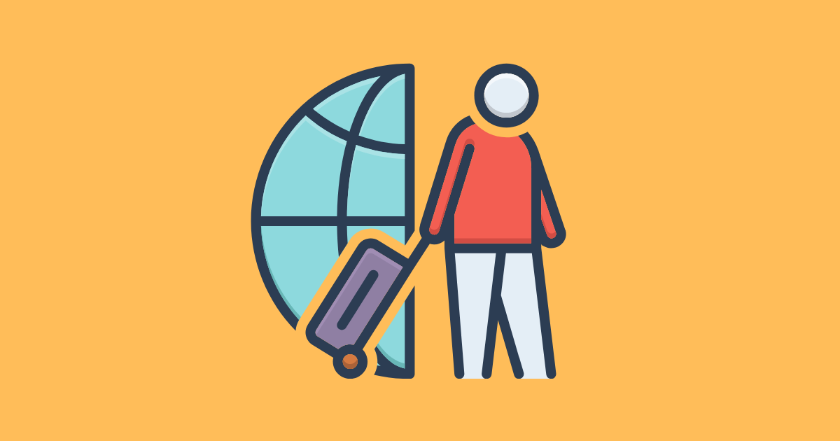 Decorative image with an icon of a person, pulling a suitcase, half a globe in the background